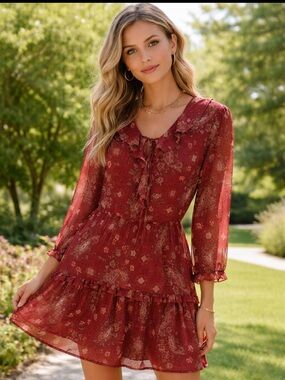 BE COOL Burgundy Paisley Ruffle Tie-Front Dress